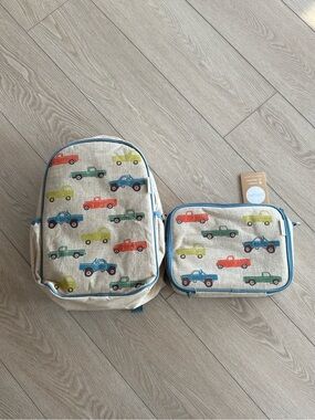 Kids Beige Backpack and Lunch Bag Set with Colorful Trucks